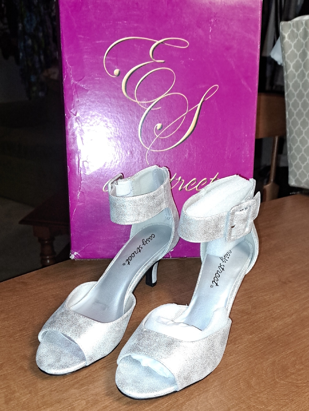 easy street Silver Glitter Open-Toe Ankle-Strap Heels